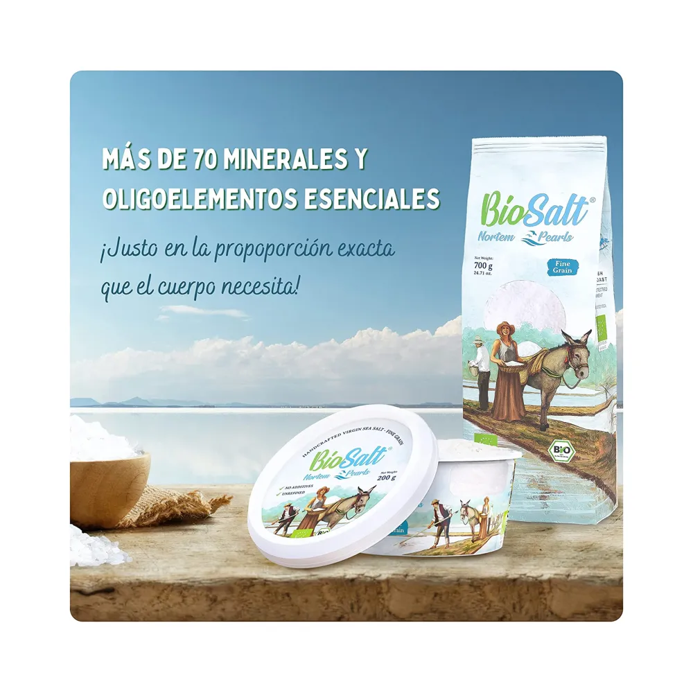 Sal Marina Virgen Ecológica (3 finas - 1 gruesa) - Pack de 4x200g Tarrinas.  Sal Gourmet 100% Natural. Sin Refinar. Sin Aditivos. - BioSalt Nortem Pearls