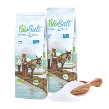BioSalt Pack de 2x700 g Bolsa Fina - Sal Gourmet Fina 100% Natural. Sin Refinar. Perlas de Sal Marina Virgen Ecológica. Ebook con Recetas Incluido.