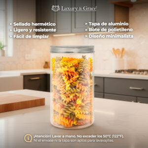 LG Luxury & Grace Pack 4 Botes De Polietileno Para Cocina 1,1 L (15x10cm). Tarros De Plástico Rellenables Con Tapa De Aluminio Enroscable Para Almacenamiento De Pasta, Chuches, Legumbres. Sin BPA